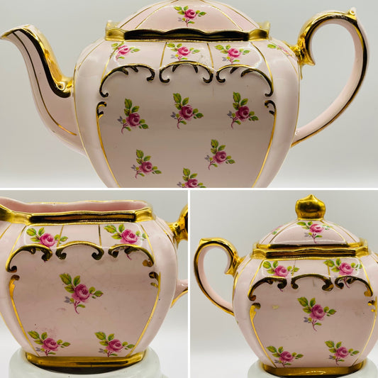 Sadler Pink Cube Ditzy Rose 3 Piece Teapot Set with the rarer 6 ditzy rose bud cube side